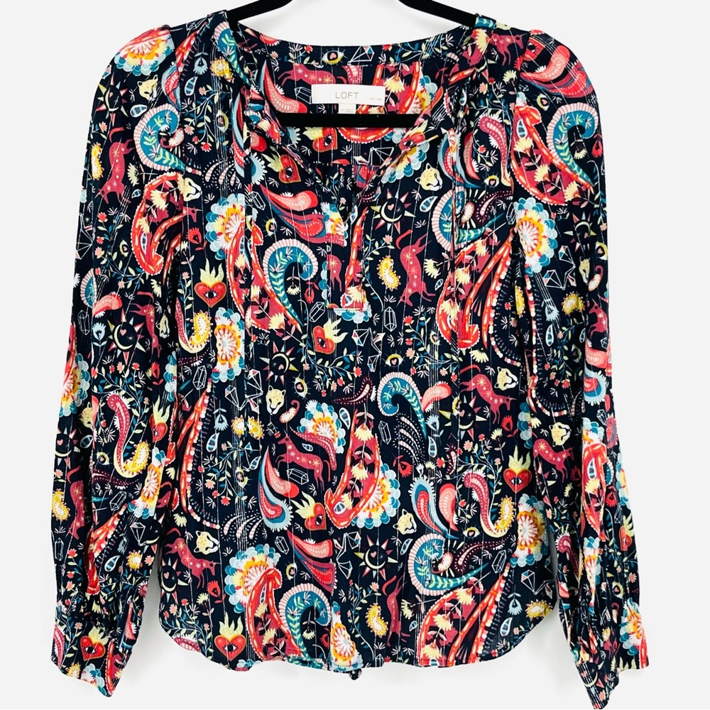 LOFT Petite Small Black Novelty Blouse